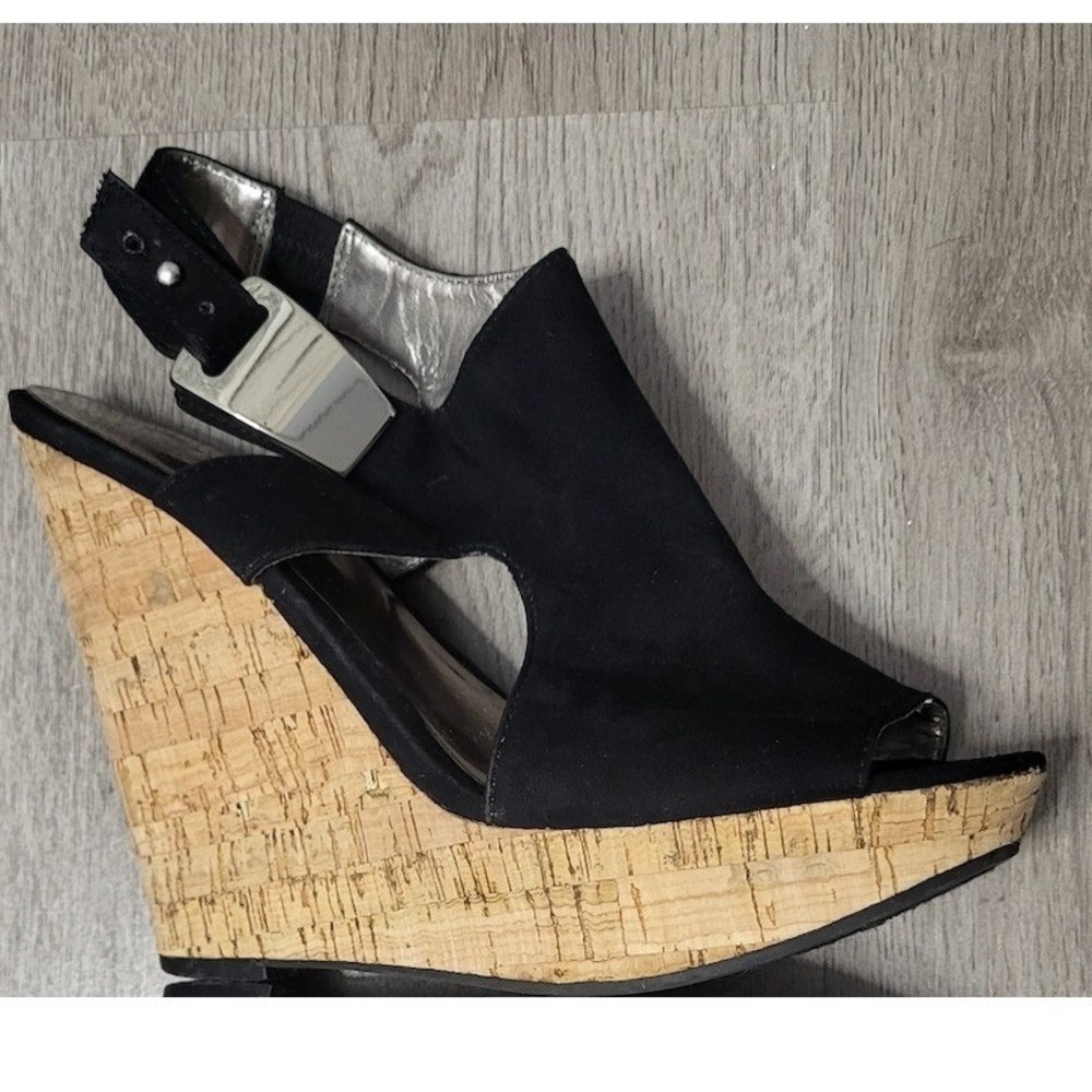 Black Faux Suede Cork Wedge Sandals Peep Toe Slingback Heels Boho Y2K Womens 7.5